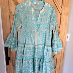 Elegant Blue and Cream Patterned Dress